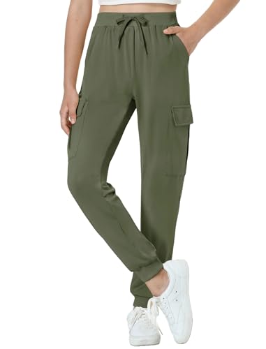 EXARUS Girls Joggers Kids Hiking Lightweight Cargo Pants Quick Dry Athletic Hip Hop Dance Joggers Flap Pockets Drawstring Tapered High Waist Youth Green Knit 8Y