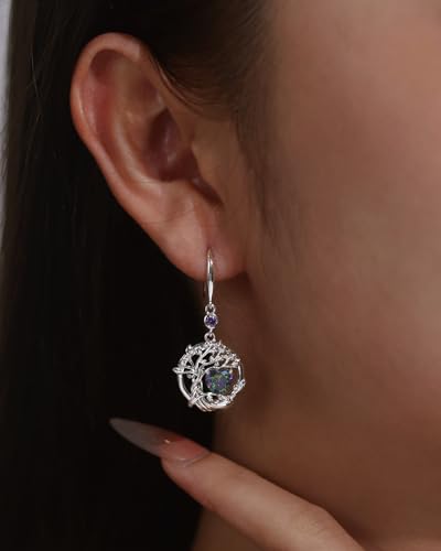 FANCIME Tree of Life Dangle Drop Earrings 925 Sterling Silver Dainty Round Gemstone Birthstone Earring Fine Jewelry Birthday Christmas Gifts for Her Women4