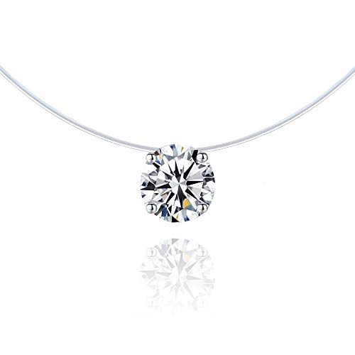 TAILLE AU CHOIX - Collier Invisible Fil Nylon - Solitaire Brillant 6 mm - Finition Argent - Fil de Pêche Invisible Zircon(38)