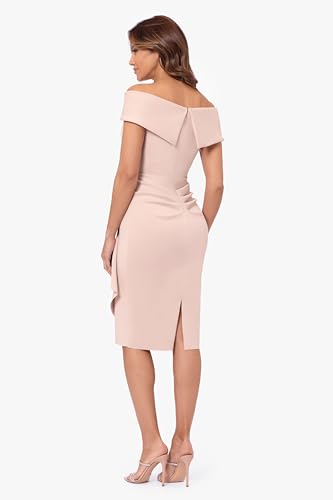 Xscape Women's Short Scuba Off-The-Shoulder Ruffle Midi Dress with Center Back Zipper, Blush, 43