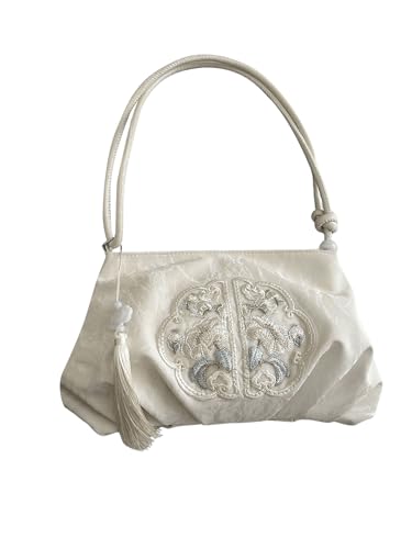 OYOANGLE Women's Floral Embroidered Shoulder Bags Fringe Small Underarm Purse Handbags Elegant Crossbody Bag