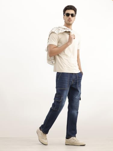 Image of WROGN Men's Cotton Stretch Cargo Jeans | Solid | Straight Fit