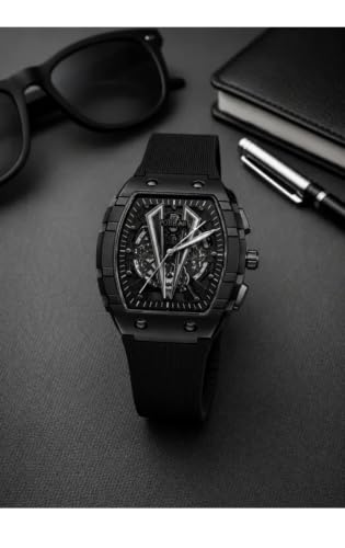 Buy The Gent Codee Fobra Skeleton Dial Watch with Black Rubber Strap | Tonneau Case, Skeletonised Dial, Silver-Tone Bezel, Date Display, Gift Box Included at Amazon.in - Image 5