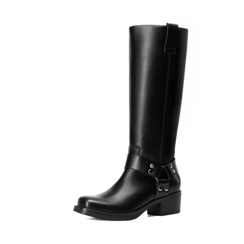 DREAM PAIRS Women's Square Toe Knee High Boots Motorcycle Riding Pull-on Fashion Long Biker Boots for Women,Size 8,Black,DWUMKB2529