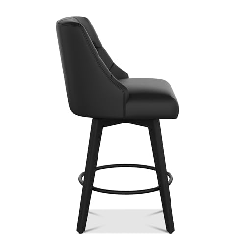 Image of Counter Height Bar Stool, 26.8 inchH Swivel Leather Barstool with Back and Solid Wood Legs, Counter Height Stool for Kitchen Island, Home Bar Pub, Black Grey