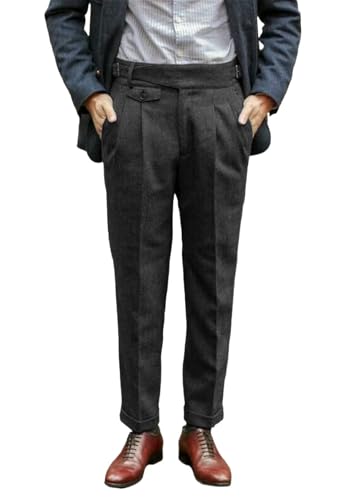 Men Tweed Pant Slim Fit Pleat-Front Vintage Suit Pants for Men