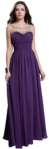 Meier Women's Sleeveless Formal Sheer Neckline Beaded Prom Evening Party Dress HY0766-10 Purple