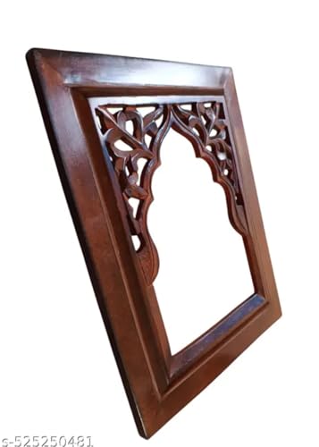 Image of Antique Black Hand Carved Wooden Jharokha Wall Mirror Frame for Home & Bedroom Decor - Traditional Arch Design (12x9 Inch) (Antique Brown)