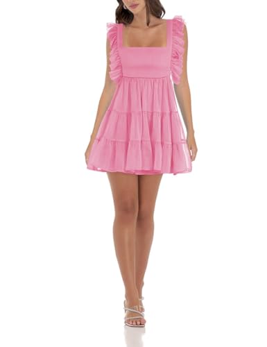 Image of Women's Summer Square Neck Tie Back Ruffle Sleeve Tiered Casual A-Line Short Mini Dress