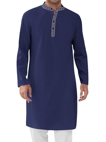 Runcati Mens Cotton Kaftan Robe Long Sleeve Button Down Henley Shirts Thobe Casual Side Split Gown Shirt