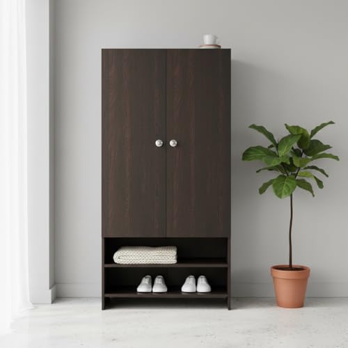 Image of FURNEASER YSH Engineered Wood Wardrobe Almirah for Clothes with 2 Doors & Open Shoe Rack | Wooden Closet Cabinet Organizer for Bedroom Living Room | Storage Cupboard (Wenge)