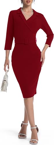 Image of SxClub Business Dresses for Women Elegant Long Sleeve Bodycon Pencil Knee Length Formal Dress for Evening Cocktail