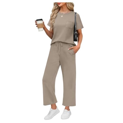WIHOLL Workout Sets for Women 2 Piece Short Sleeve Summer Cruise Business Casual Outfits 2025 Going Out Two Piece Sets Women's Clothing Country Concert Crew Neck Tracksuits Coffee L