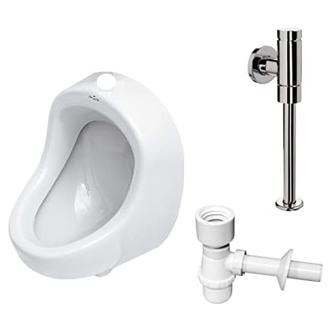 VBChome Set Urinal Zulauf Oben Weiß Modern Hochwertig Keramik Pinkelbecken senkrecht Pissoir + Spülventil Urinalspüler Druckspüler Schellomat + Siphon Flaschensiphon Cover