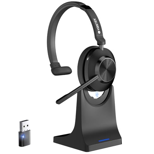 Voistek Casque Bluetooth sans Fil avec Microphone et Réduction de Bruit, Dongle USB pour PC, Bouton Muet, Base de Recharge, Idéal pour Bureau, Réunion,...