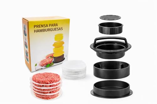 Prensa para Hamburguesas 3 en 1 LyHogar – Molde Ajustable para Hamburguesas Clásicas, Mini y Sándwich – Incluye 100 Papeles Antiadherentes