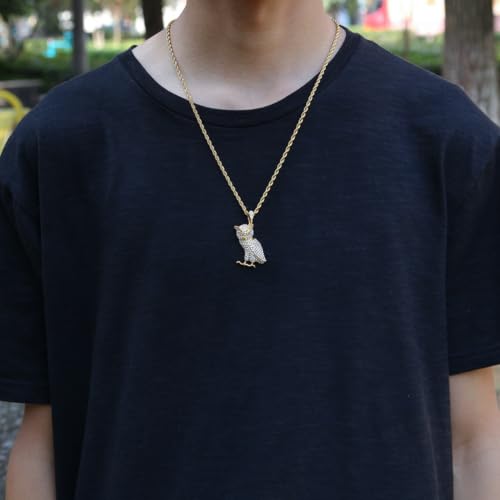 Collar de hip hop con colgante búho 3D de circonitas cúbicas y cadena de cuerda 2