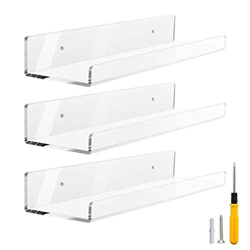 WHATOOK Lot de 3 étagères flottantes en Acrylique，Étagères flottantes Transparentes Invisibles de 38,1 cm-Rebord de Salle de Bain et Petit présentoir de Jouets, 5 mm d'épaisseur