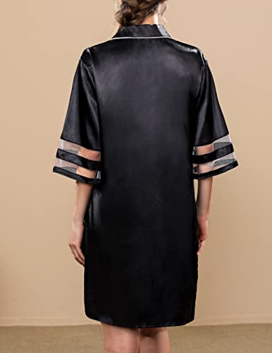 Hbzdqb Womens Sleepwear Silk Button Front Nightgown 3/4 Sleeve Notch Collar Pajama Dress Cotton Striped Sleepshirt Black L #TOP6