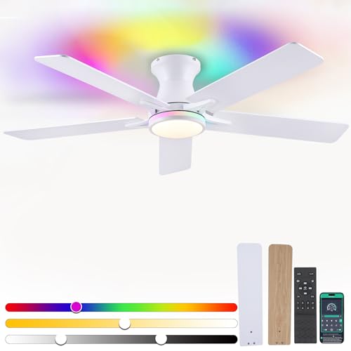 Image of 52 inchWhite Modern Low Profile RGB Ceiling Fans with Lights and Remote /APP | 14 RGB Modes,Supports Remote and APP,6 Wind Speeds, Reversible, Dimmable 3 CCT LED, 30W DC Motor,Suits for Bedroom Kidsroom
