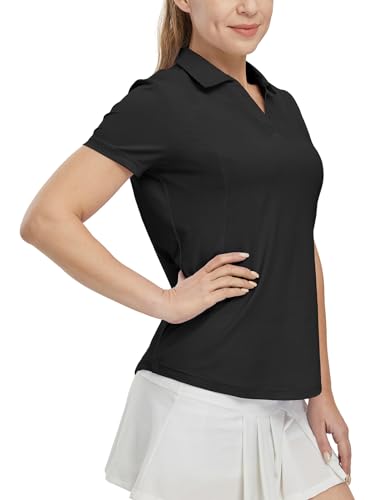 Bgowatu Women'S Short Sleeve Golf Tennis Polo Shirts V Neck Collared Workout Tops Uv Protection Dry Fit For Summer Black L thumb #1
