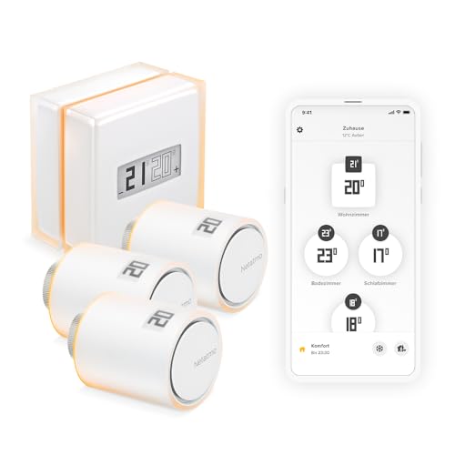 Netatmo Pack Intelligenter Thermostat + 3 Thermostatköpfe, WiFi, Fernsteuerung über App, kompatibel mit Individuelle Heizung, NBU-NTH-NAV-EU Netatmo Pack Intelligenter Thermostat + 3 Thermostatköpfe, WiFi, Fernsteuerung über App, kompatibel mit Individuelle Heizung, NBU-NTH-NAV-EU