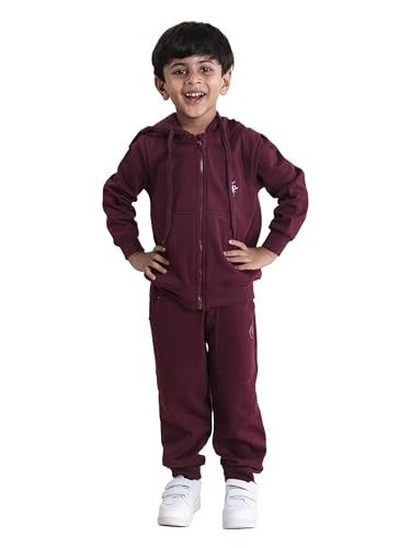 Image of Boys Solid Fleece Full Sleeve Zip Front Open Hooded Sweatshirt With Track Pant Set