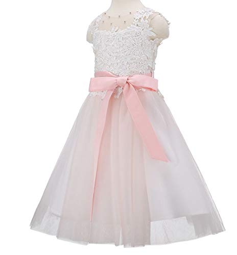 Bow Dream Lace Vintage Flower Girl's Dress Tulle Sleeveless Blush Pink 103