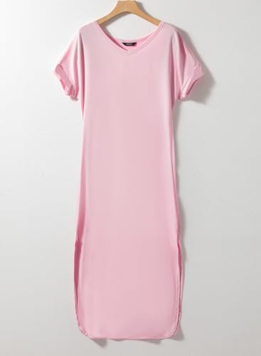 Image of Dokotoo Womens Maxi Dress Summer Short Sleeve Casual Loose Maxi Dresses Bathing Suit Cover Up for Women Sundress Pink Dresses for Women with Pockets S