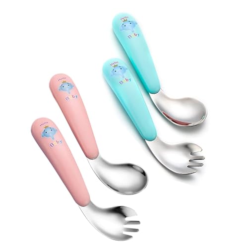 4 Teilig KinderBesteck Edelstahl, Baby Utensilien Löffel Gabel Set, Esslernbesteck Baby,Kinder Besteck Set,lernlöffel baby Löffel Gabel, Bringen...