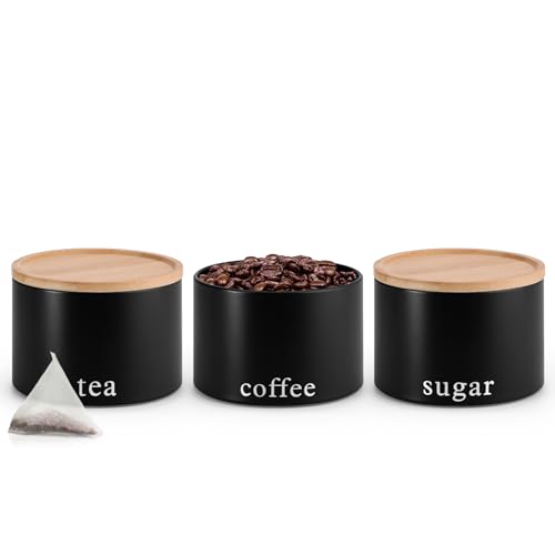 EHC Tea, Coffee, Sugar, Canister Set, Set of 3 Stackable Airtight Food Storage Easy to Open Storage Cansiters Jars Tin, Black - Cosy Home Interiors EHC Tea, Coffee, Sugar, Canister Set, Set of 3 Stackable Airtight Food Storage Easy to Open Storage Cansiters Jars Tin, Black - Image 3