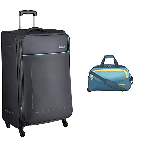 Image of American Tourister 32 Ltrs Black Soft Shell Casual Backpack (Amt Fizz SCH Bag 02 - Black) Ohio Polyester 55 Cms Blue 4 Spinner Wheel Suitcase (Fj9 (0) 01 001),Small