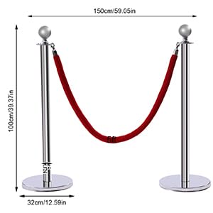 PROYONGOO 6pcs Crowd Control Stanchion Set Stainless Steel Stanchion Post Queue with Red Velvet Rope Silver Crowd Control Barriers Queue Line Easy Connect Assembly for Theaters Museums Restaurants
