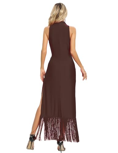 Image of Aigeman Women Vintage Flapper Dresses 1920s Great Gatsby Halter Fringed Maxi Dress Tassels High Split Formal Dress 19