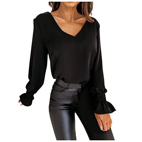 Gillberry Long Sleeve Blouses for Women Business Casual V Neck Lace Relaxed Fit Blouse Shirt Tops Black White S-XXL