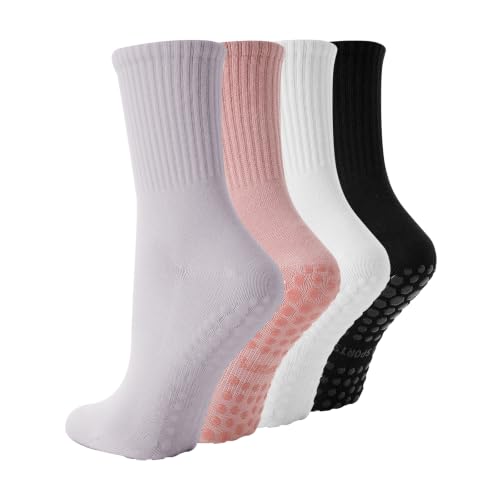 Image of TOAMOUR Pilates Socks with Grips for Women, 4 Pairs Non Slip Grippy Socks | Athletic Ballet Barre Dance Workout Hospital Yoga Crew Socks, Arch Support, Elastic Stretch, Smooth Toe, US 5-9