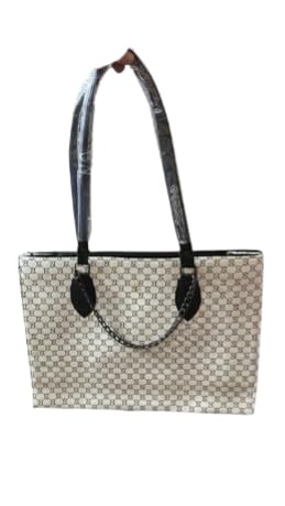 Monogram Print Tote Handbag, Beige and Black, Dual Handles with Chain Detail, Women's Structured Bag-image-31