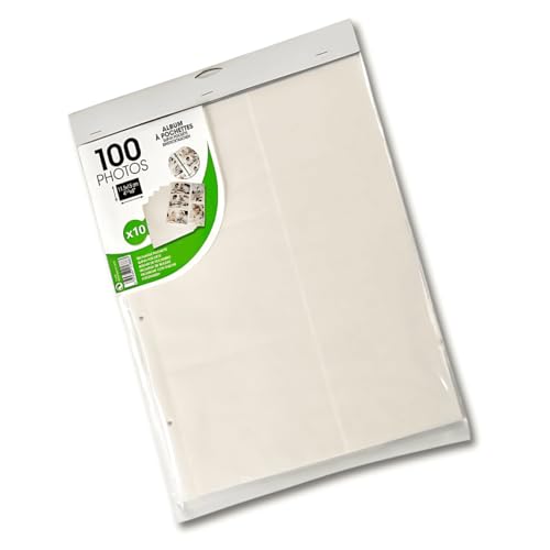 Lot de 10 Feuillets Pochettes Recharges pour Album Photo et Classeur, 100 Photos (11,5x15 cm ou 10x15 cm) - 20 Pages Blanches, 5 Photos par Page - Compatible 29x36,4 cm...