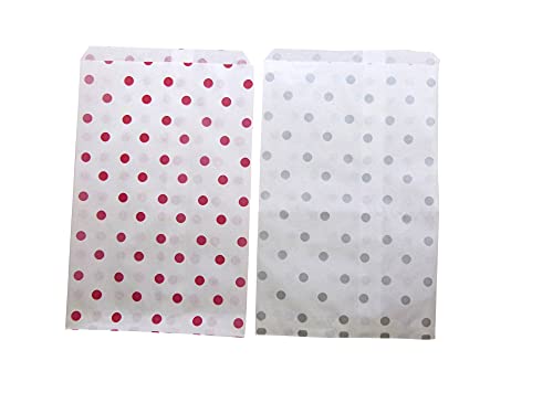 N'icePackaging - 100 bolsas de regalo decorativas de papel plano de 5 x 7 pulgadas, mezcla de lunares rojos y plateados sobre bolsas blancas