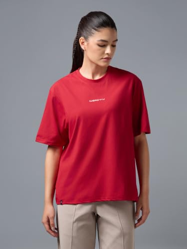 Image of TECHNOSPORT Women's Printed Boxy Fit Round Neck T-Shirt COTFLEX Half Sleeve Slip On Polyester for Gym Yoga Workout UPF50+ Anti Odour
