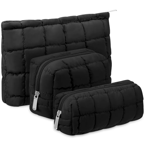 3 Pcs Puffy Makeup Bag Quilted Cosmetic Pouch for Women Cute Chec...