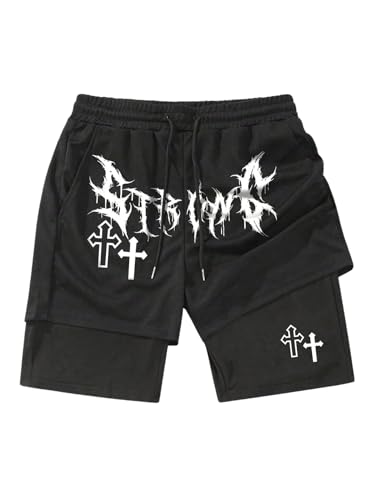 SHENHE Men's Graphic Shorts with Liner Y2K Cross Print Drawstring 2 in 1 Goth Gym Anime Shorts Black X-Small