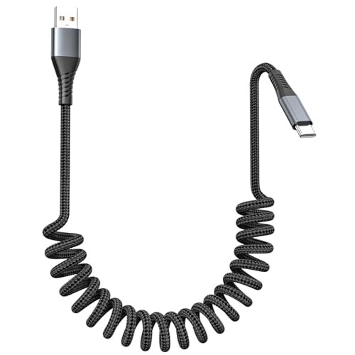 FOXSEA USB A to USB C Cable Coiled & Braided for iPhone 15-17 (1Pack, 1ft)