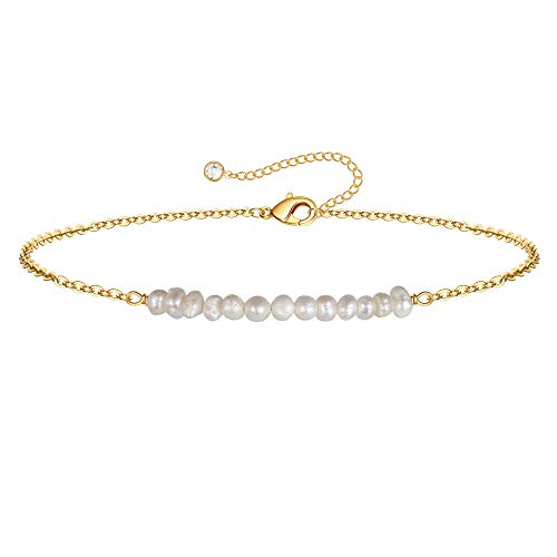 Dainty Pearl Bracelets for Women, 14K Gold Filled Tiny Chain Bracelet Cute Gold Pearl Chain Bracelets for Women Jewelry with CZ Extender(Pearls)