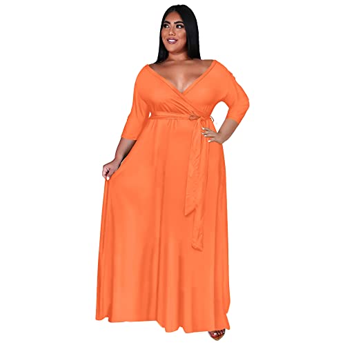 Image of Nmoder Plus Size Maxi Dress for Women - Summer Casual 3 /4 Sleeve Floral Flowy Long Dress with Belt XL- 6XL