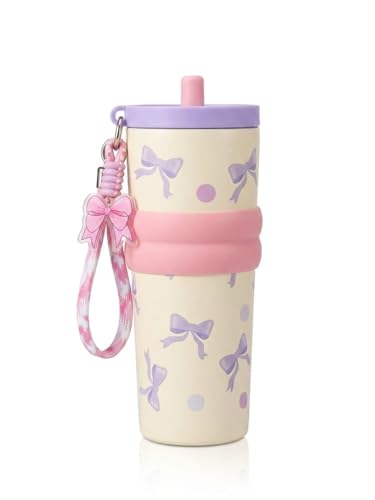 Image of Vasukie Tumbler with Stainless Steel Tumbler with Straw Lid, Wrist Strap & Decorative Bow Charm - Pink & Lavender Travel Cup,Gym,Home YL