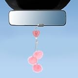 Heart Crystal Rear View Mirror Car Charms, Pink Bling Car Accessories Interior, Rinestones Vehicle Mirror Decor Cute Fuzzy Plush Ball Valentine Cars Accessories for Women