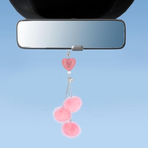 Heart Crystal Rear View Mirror Car Charms, Pink Bling Car Accessories Interior, Rinestones Vehicle Mirror Decor Cute Fuzzy Plush Ball Valentine Cars Accessories for Women