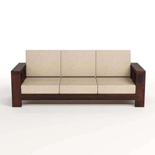 Image of Solid Sheesham Wooden 5 Seater Sofa Set for Living Room with Comfortable Cushion - Wooden Sofa Set 5 Seater for Home & Office Furniture (Walnut, Haney 5 Seater 3+1+1)