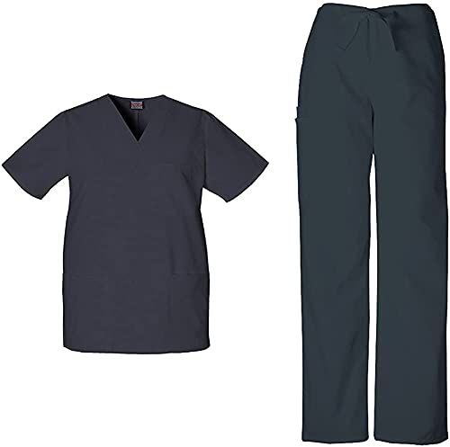 Cherokee 4876 & 4100 WW Originals Unisex Scrub Set - V-Neck Top & Drawstring Cargo Pant, Pewter, M-M